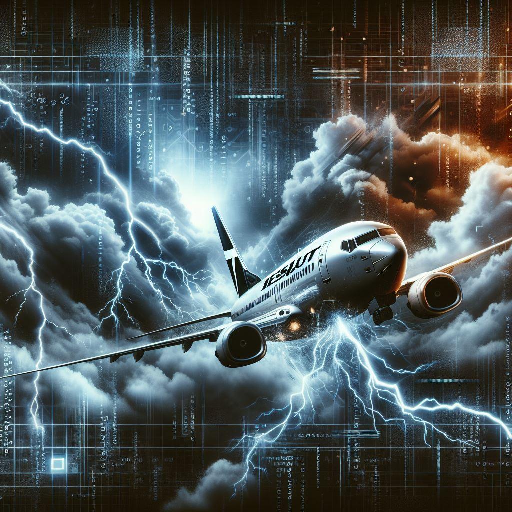 A dramatic digital artwork for a cybersecurity blog article titled 'Turbulence at 30,000 Feet WestJ