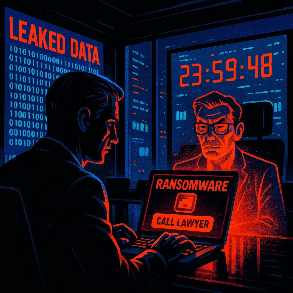 A vivid, high-contrast cyberpunk-style image of a CEO in a dark boardroom, lit only by the glow of a copy